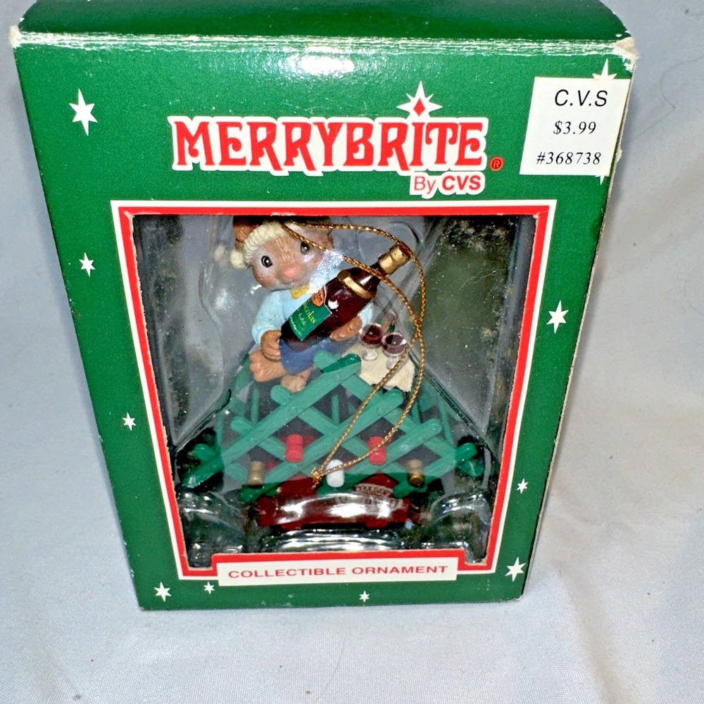 VTG CVS Merrybrite Mouse & Wine Bottle Rack Christmas Ornament w/Box